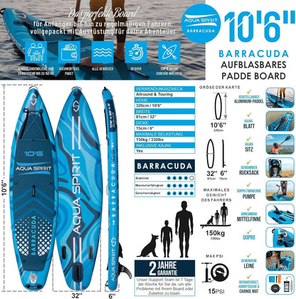 Planche de SUP gonflable Aqua Spirit 2026 | 320 x 81 x 15 cm | Comprend une pagaie, un siège, un sac à dos, une pompe et d'autres accessoires | Adultes débutants/experts (Bleu)