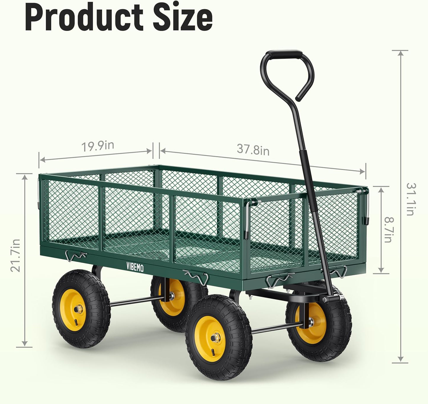 Chariot de jardin en acier 2026, 2 en 1, robuste, utilitaire, 635 kg (1400 lb), avec ridelles amovibles en filet pour le transformer en plateau, demi-tour à 240°, pneus pneumatiques de 33 cm (13 po), idéal pour la ferme, le jardin, la pelouse et le c