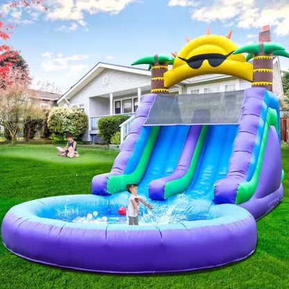 Nouveau modèle 2026  : Double toboggan aquatique gonflable de 26 pieds (env. 8 m) pour enfants et adultes – Parc aquatique gonflable en PVC avec soufflerie – Grand bassin de réception pour le jardin et les jeux en plein air – Dimensions : 26 pi (L) x