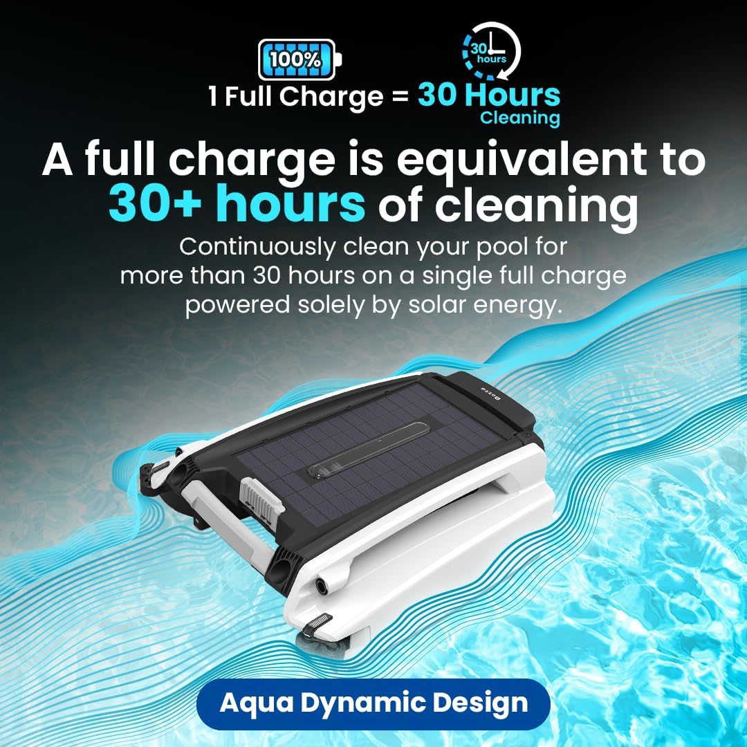 Nettoyeur de skimmer robotisé automatique à énergie solaire 2026 pour piscines avec 30 heures de performance de nettoyage continue grâce à son fonctionnement sur batterie et à ses deux moteurs repensés, tolérants au sel et au chlore (blanc)