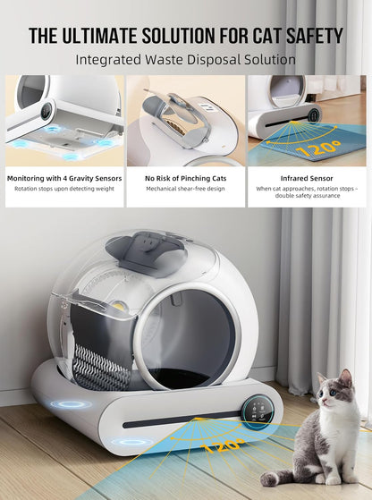 Bac à litière autonettoyant pour chat 2026, avec tapis et inserts, grande capacité 65 L + 9 L, contrôle par application / convient pour plusieurs chats – Gris