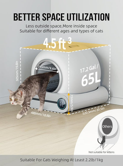 Bac à litière autonettoyant pour chat 2026, avec tapis et inserts, grande capacité 65 L + 9 L, contrôle par application / convient pour plusieurs chats – Gris