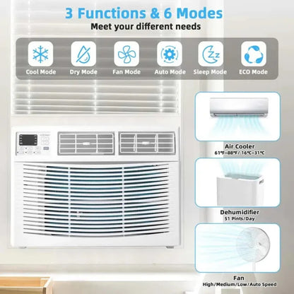 Climatiseur de fenêtre silencieux 2026  de 10 000 BTU, avec télécommande, mode Éco et certification Energy Star ; appareil 3-en-1 incluant un déshumidificateur.