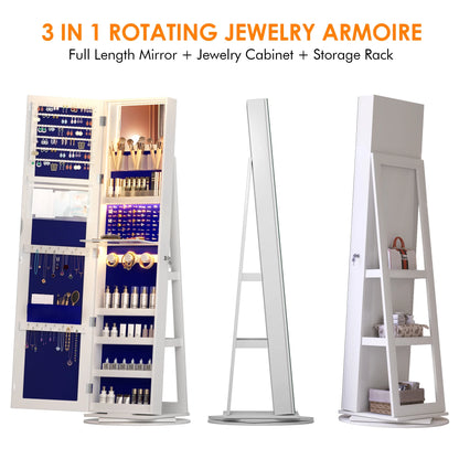 Armoire à bijoux rotative à 360° LVSOMT 2026 avec miroir pleine longueur, grand meuble à bijoux, miroir sur pied verrouillable, organisateur de bijoux avec miroir de maquillage intérieur et intérieur en velours doux pour salon et chambre.