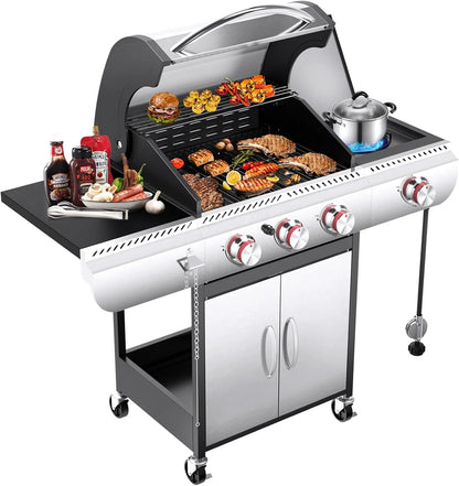 Barbecues à gaz propane R.W.FLAME 2026 à 3 et 4 brûleurs avec brûleurs latéraux, pour la cuisine en plein air, les grillades, la terrasse et le camping.